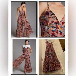 Anthro Flounce Floral Burnout Velvet Jumpsuit